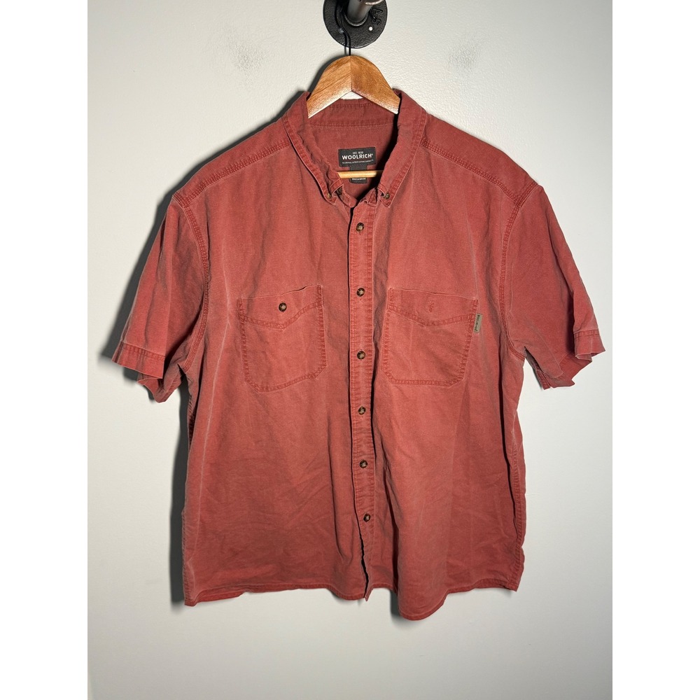 Woolrich Mens XL Red Short Sleeve Button Down Shirt Cotton Canvas Utility Pocket